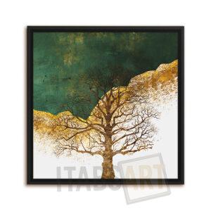 Tableau Arbre Doré – Fond Vert Émeraude