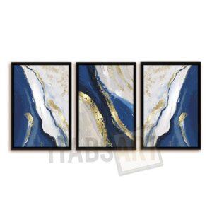 Triptyque Abstrait – Bleu, Blanc & Or